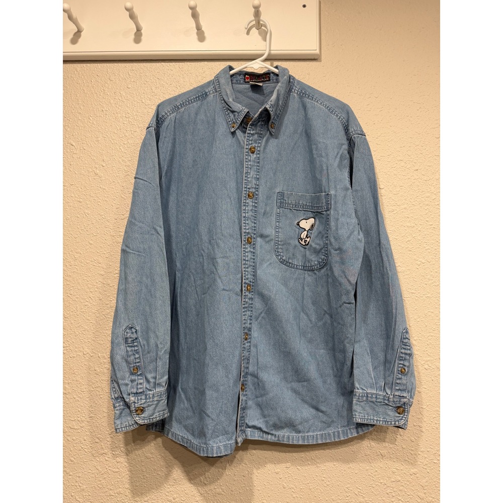 Vintage Peanuts Collection Snoopy Embroidered Denim Shirt Mens L 90s Y2K Cartoon
